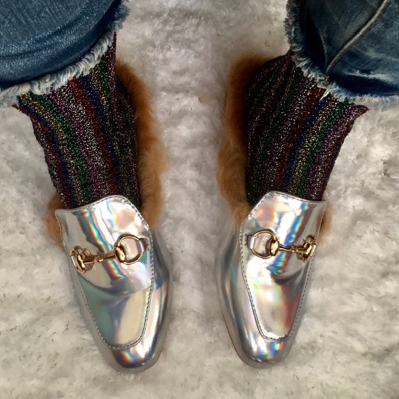 🎈Holographic Hologram Fur Loafer Flat Mule Slides - Picture 5 of 5